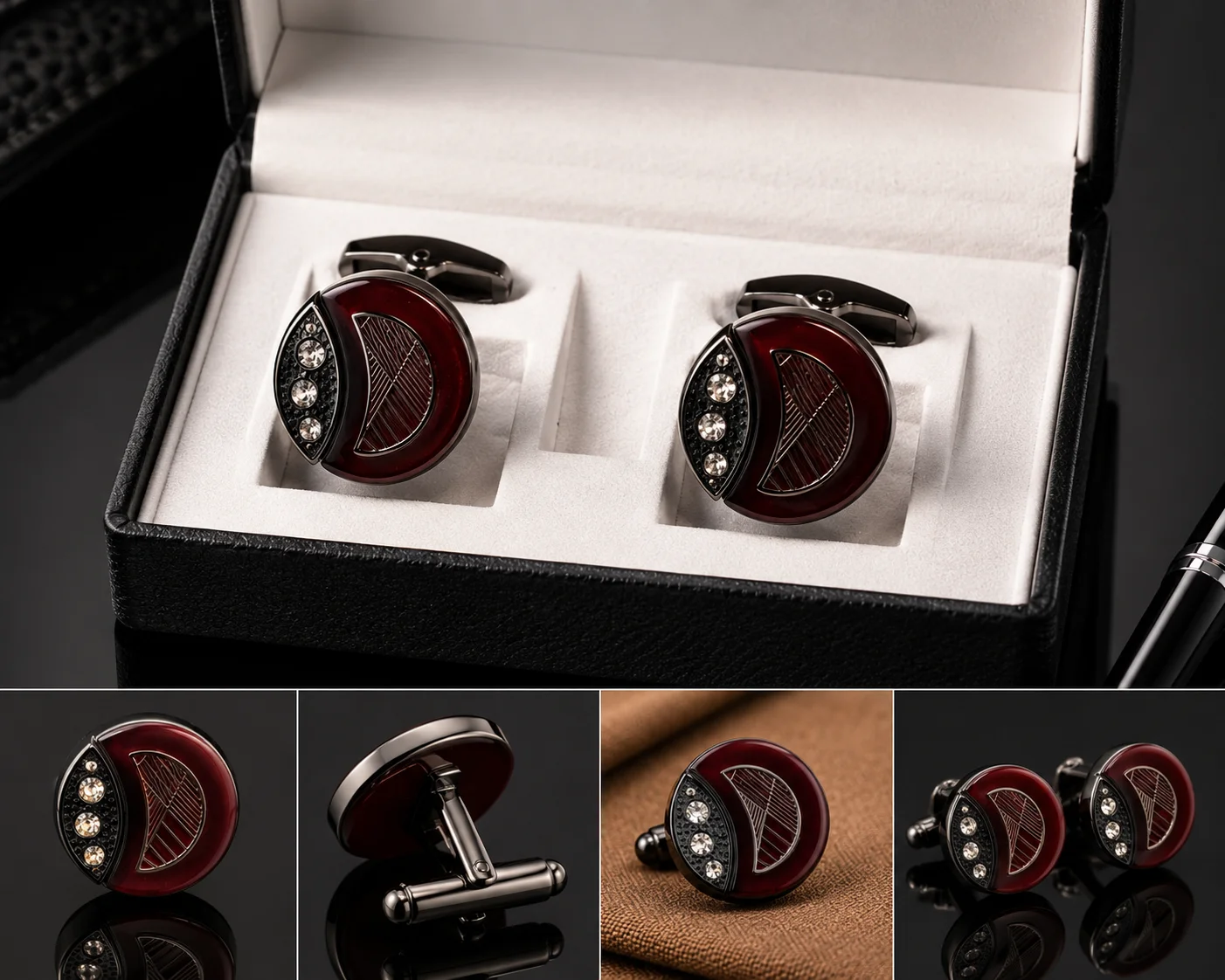 Luxury Burgundy Crystal Round Cufflinks for Men