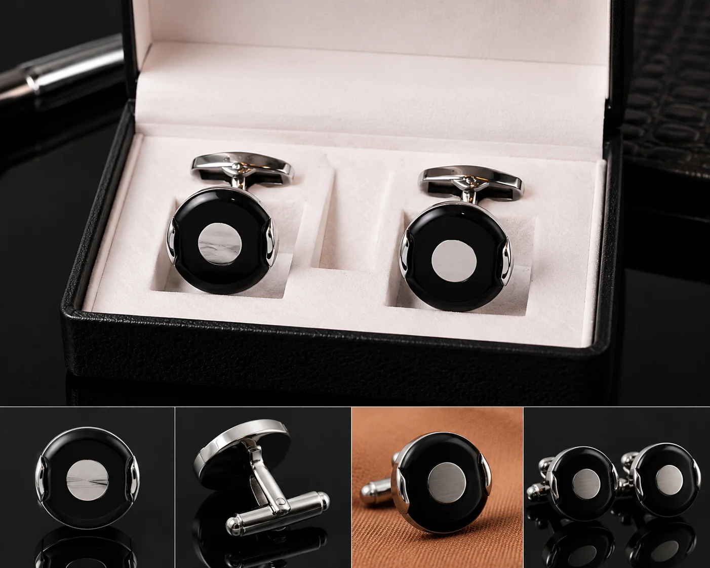 Elegant Black & Silver Round Cufflinks for Men