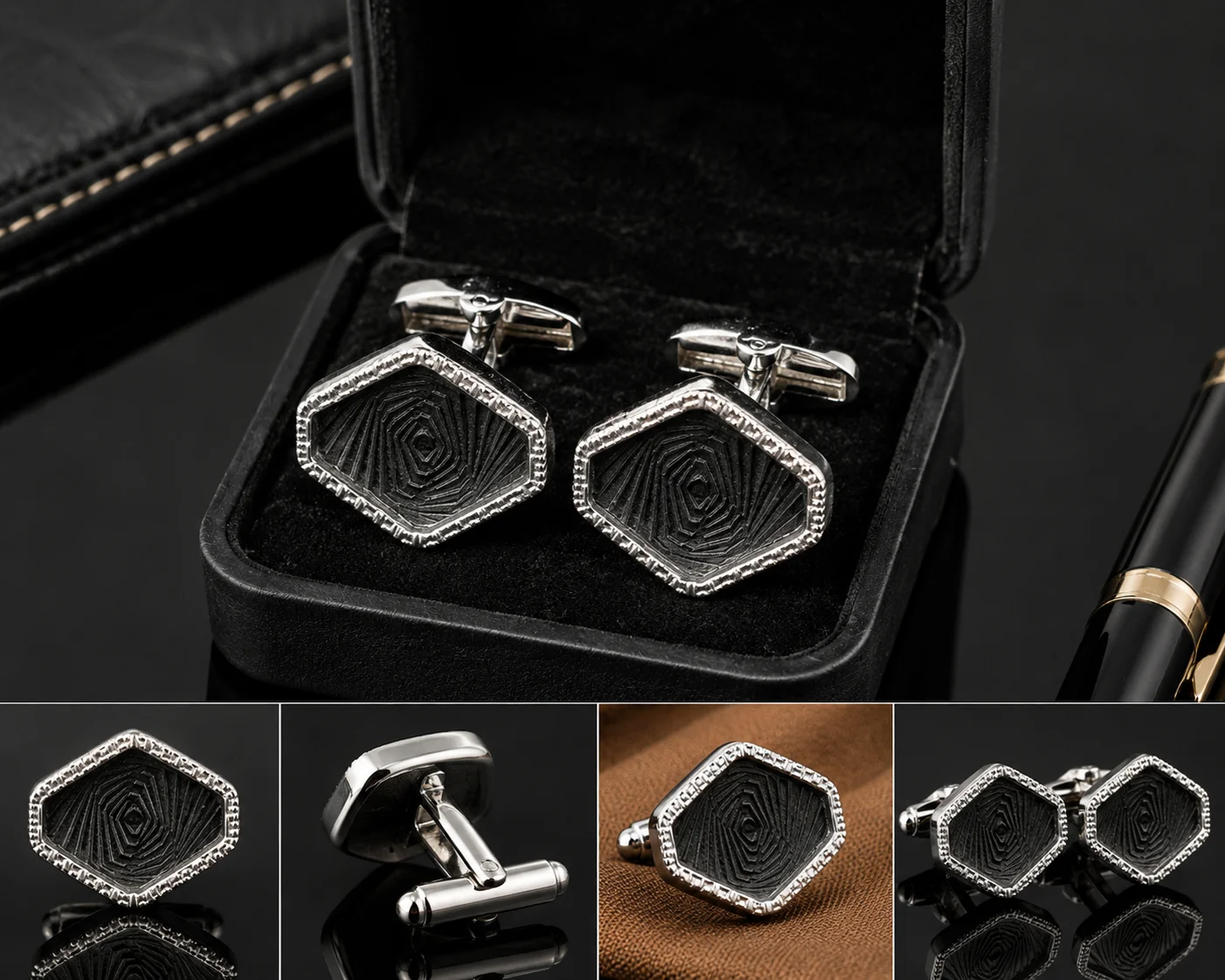 Luxury Black Hexagon Pattern Cufflinks for Men