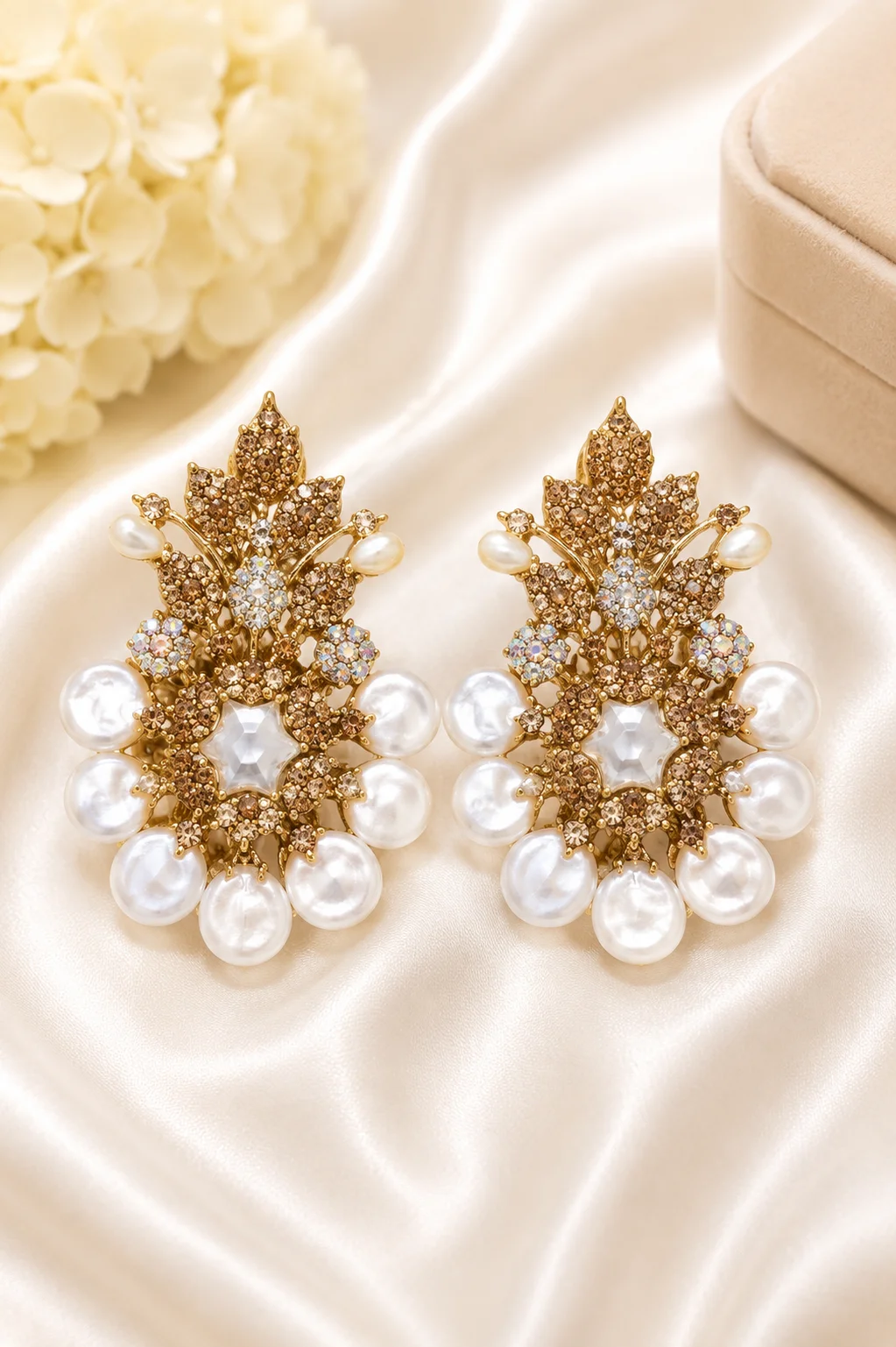 Turkish Pearl Floral Statement Earrings for Women