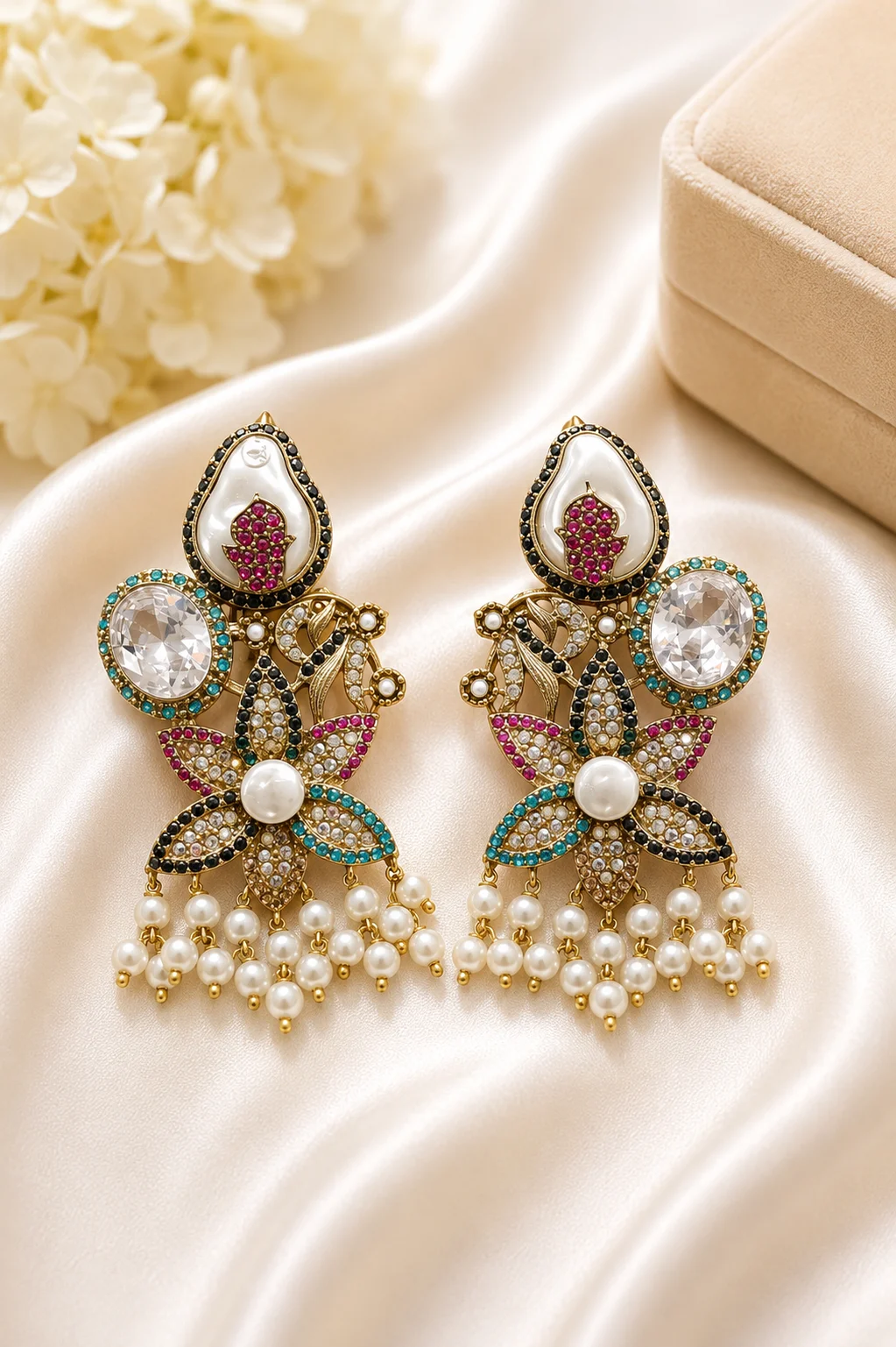 Luxury Multicolor Pearl Floral Statement Earrings for Women