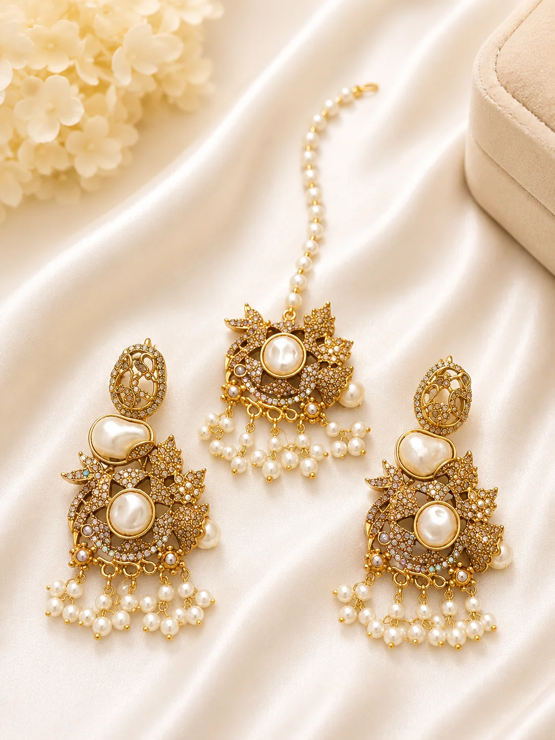 3 PIECE Gold Plated Earrings & Maang Tikka