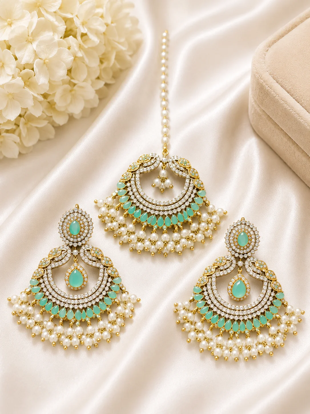 Gold Plated Earrings & Maang Tikka with Pearl Drops