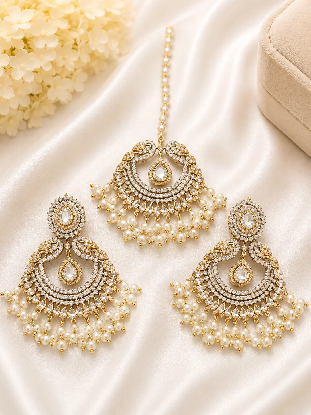 Gold Plated Earrings & Maang Tikka with Pearl Drops