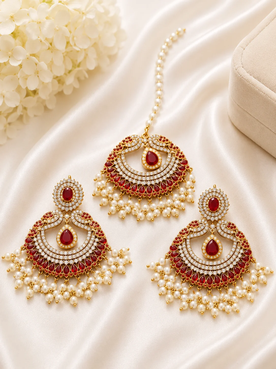 Gold Plated Earrings & Maang Tikka with Pearl Drops