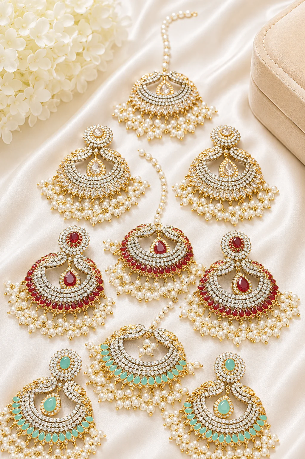 Gold Plated Earrings & Maang Tikka with Pearl Drops