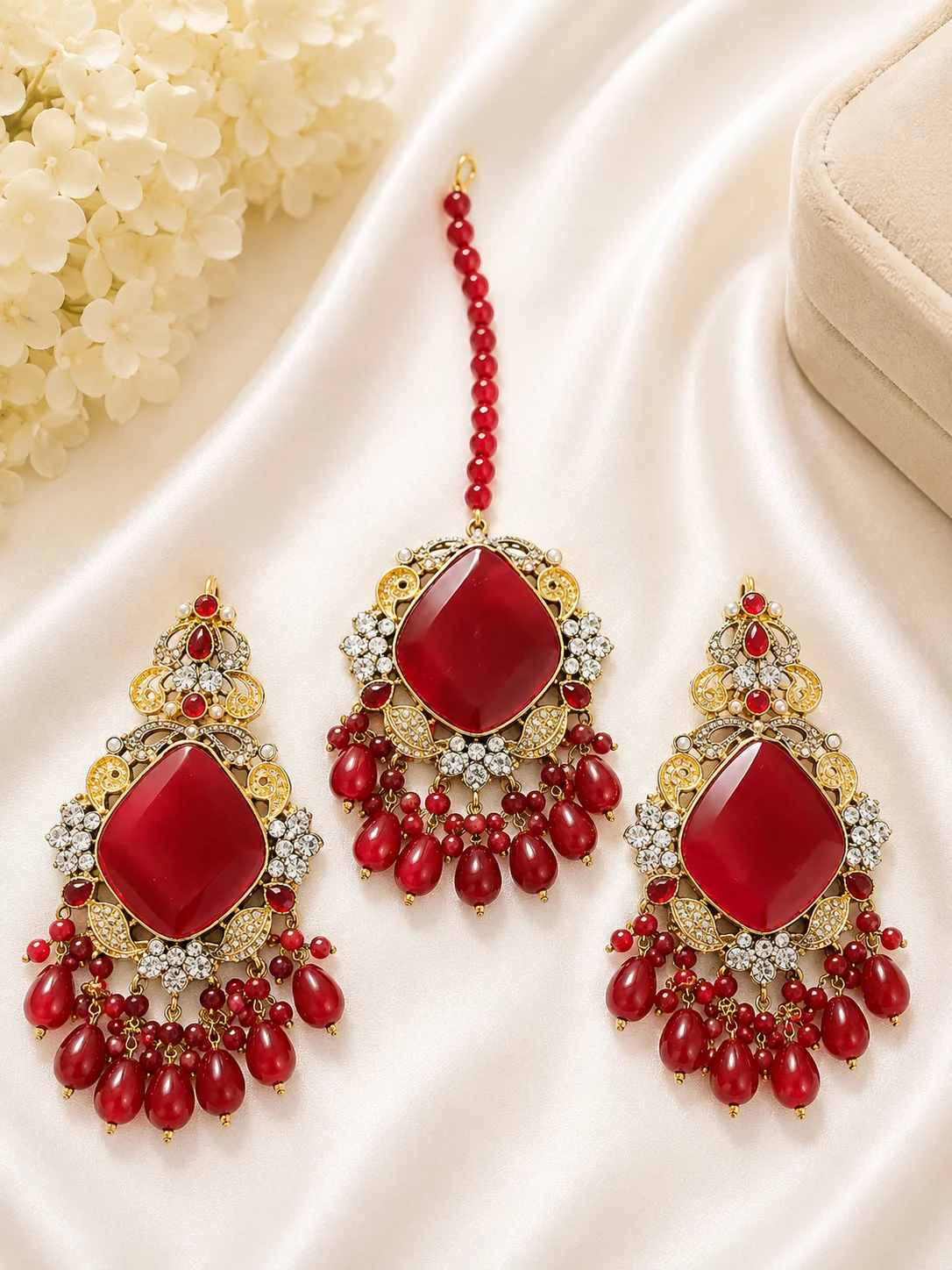 Luxury 3 Piece Turkish Earrings & Tikka Set – Red & Pearl Design