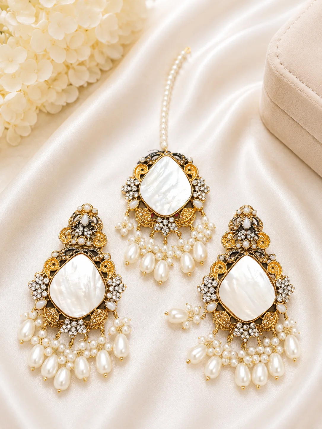 Luxury 3 Piece Turkish Earrings & Tikka Set – Red & Pearl Design