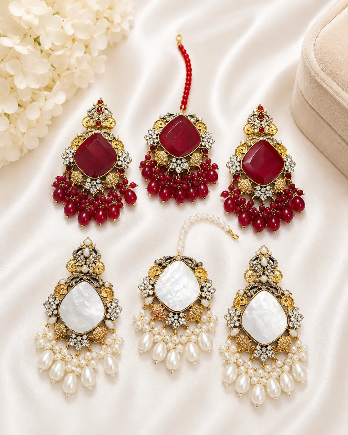 Luxury 3 Piece Turkish Earrings & Tikka Set – Red & Pearl Design