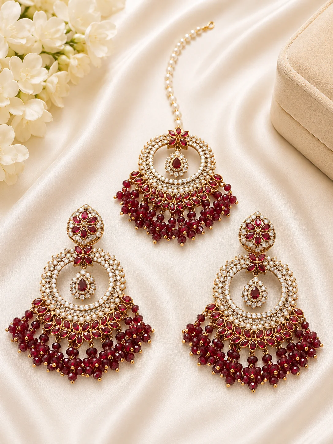 Luxury 3 Piece Turkish Earrings & Tikka Set – Red & Golden Crystal Design