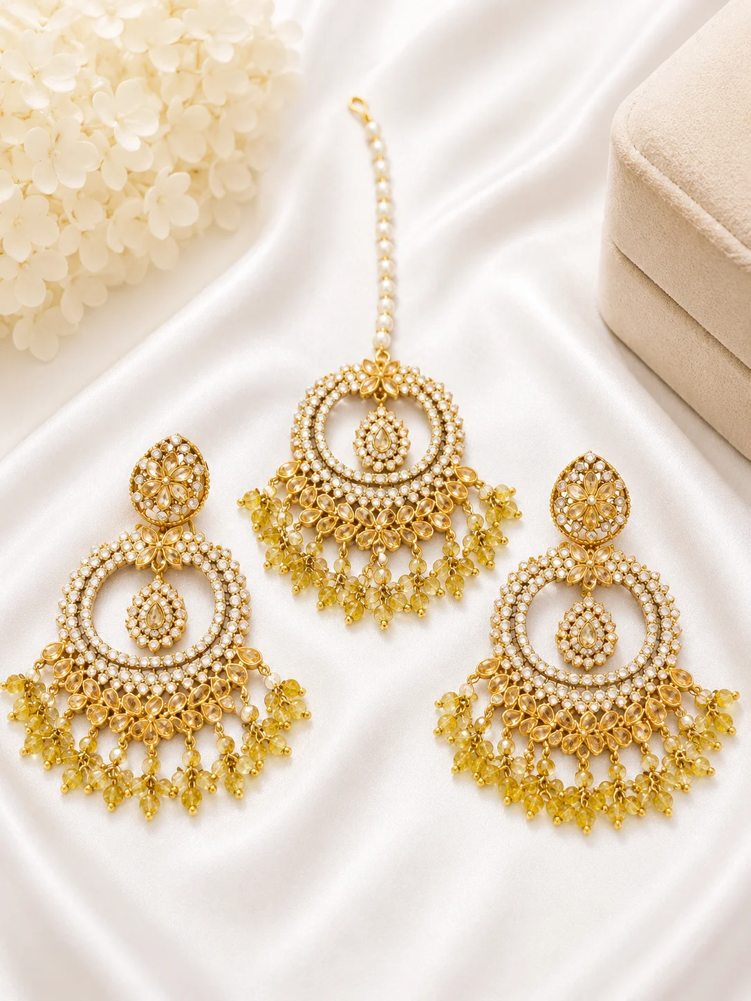 Luxury 3 Piece Turkish Earrings & Tikka Set – Red & Golden Crystal Design