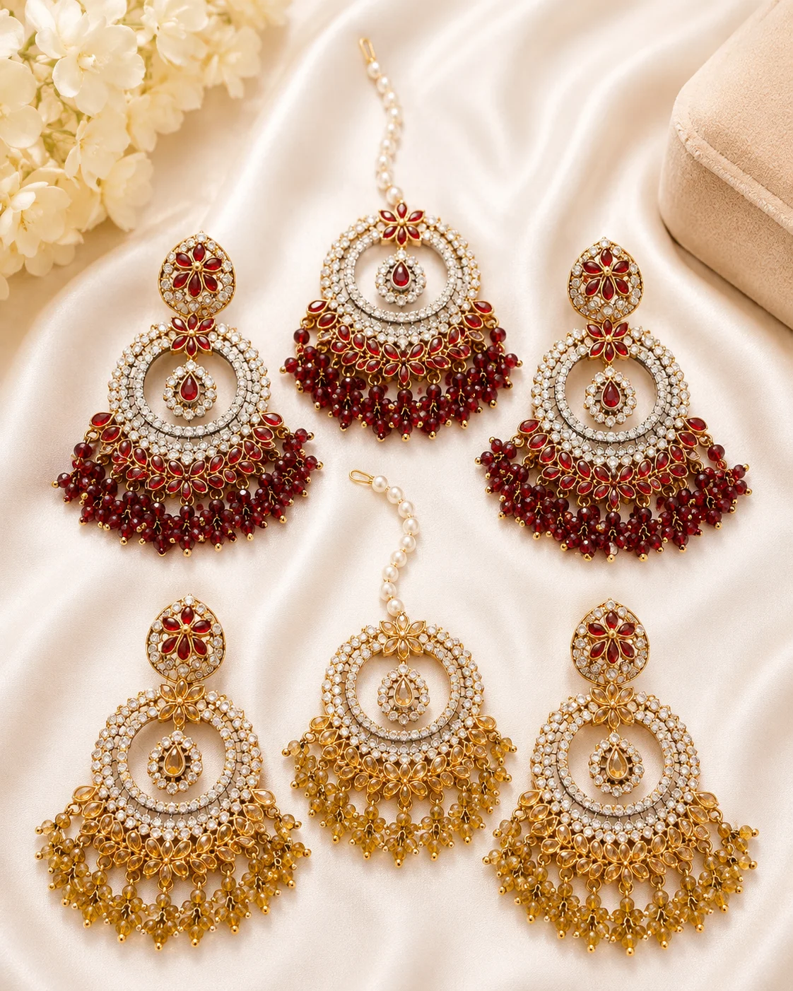 Luxury 3 Piece Turkish Earrings & Tikka Set – Red & Golden Crystal Design