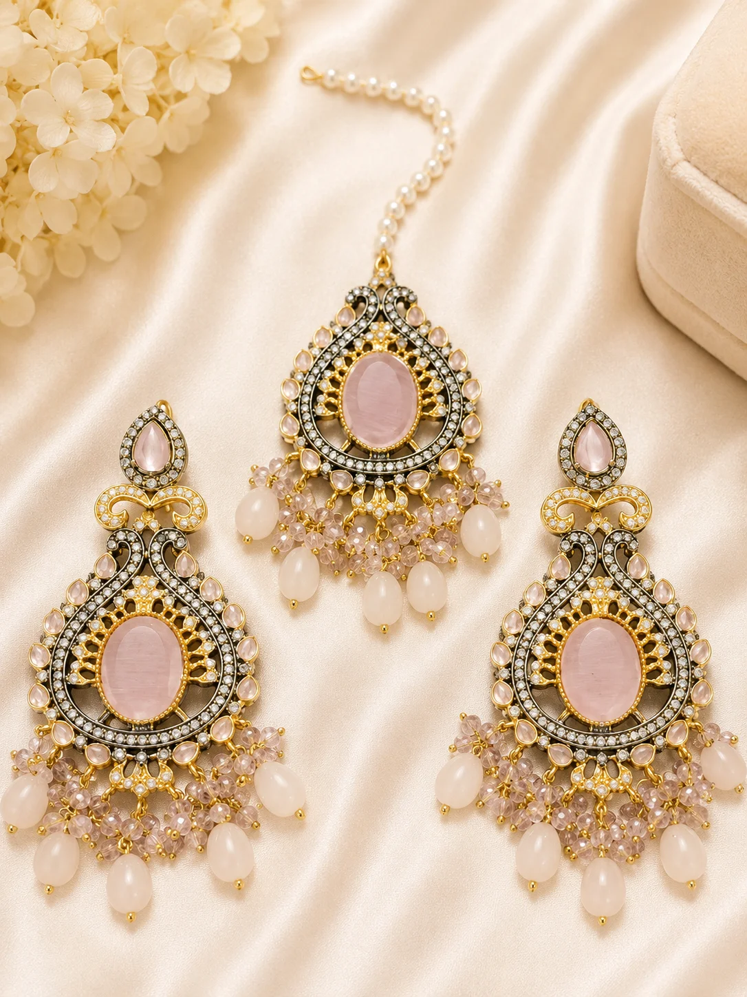Turkish Bridal 3-Piece Chandelier Earrings & Tikka Set – Pink & Ruby Red