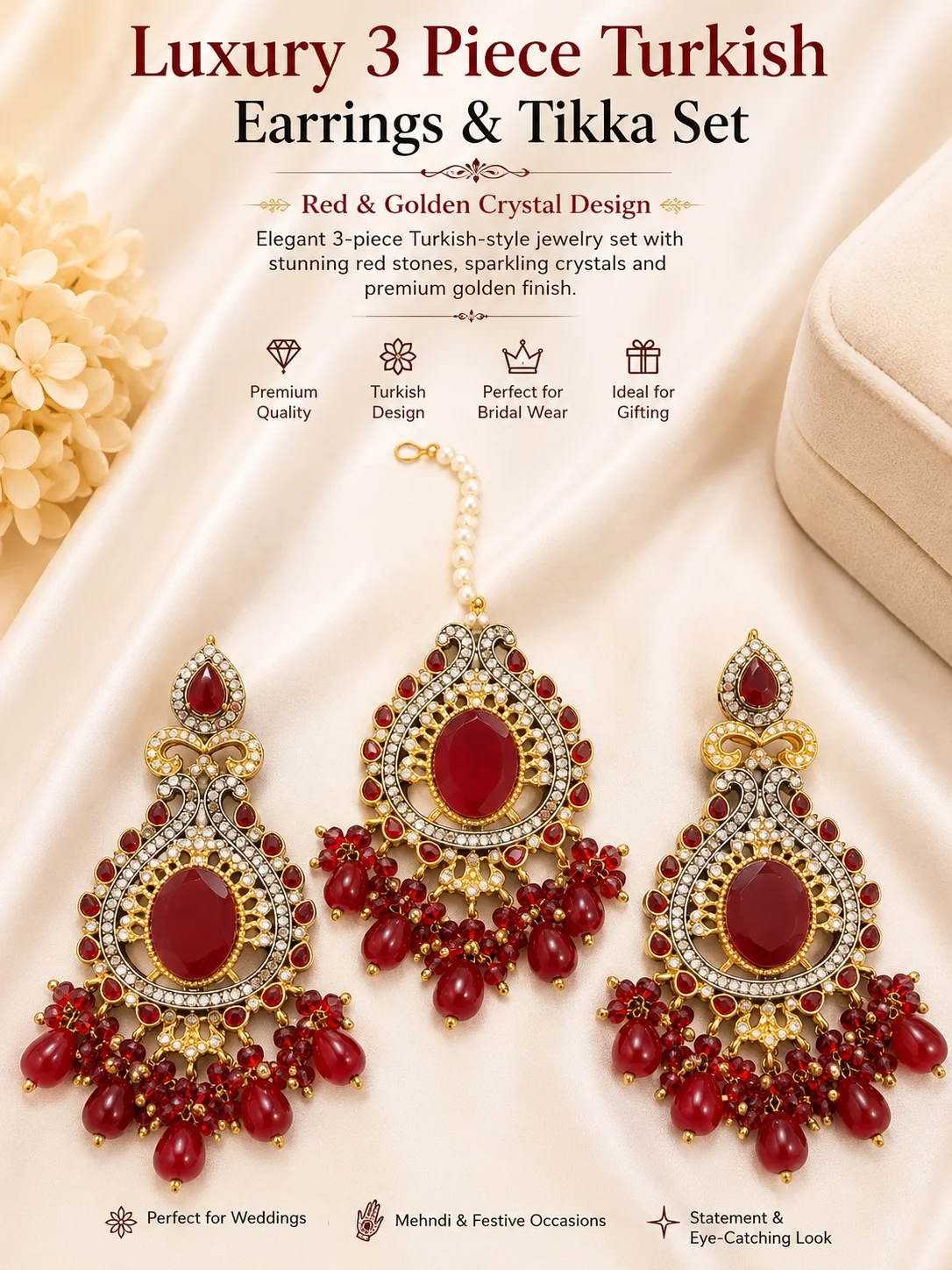Turkish Bridal 3-Piece Chandelier Earrings & Tikka Set – Pink & Ruby Red