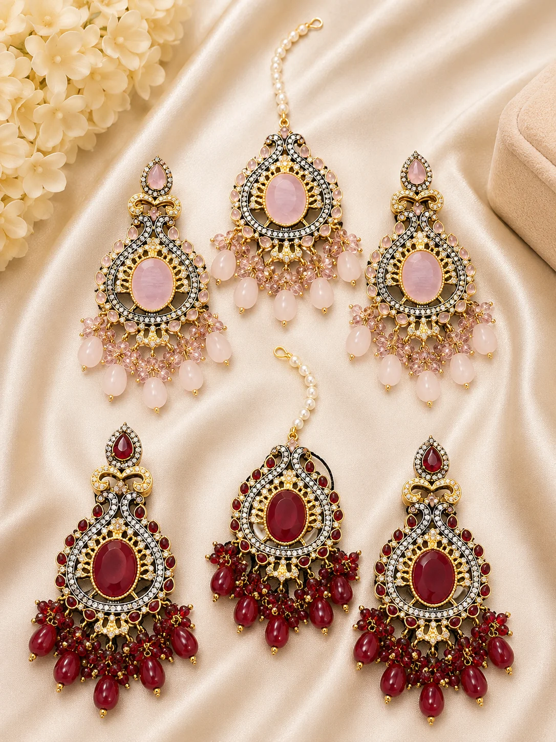 Turkish Bridal 3-Piece Chandelier Earrings & Tikka Set – Pink & Ruby Red