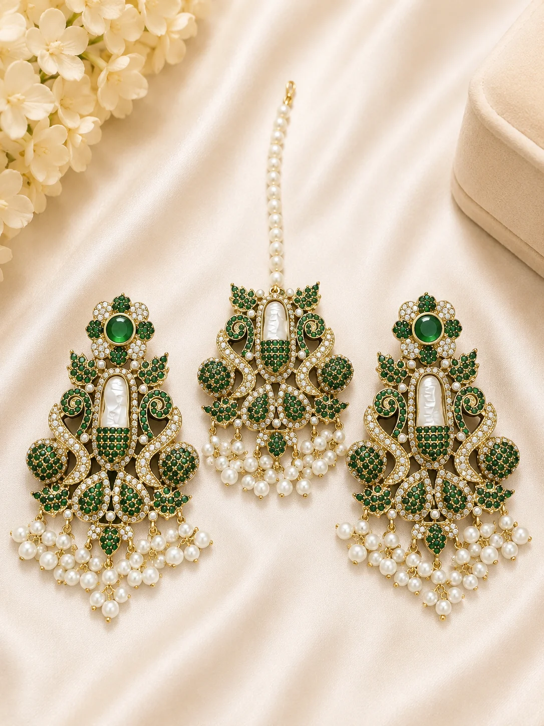 Emerald Green Turkish 3-Piece Earrings & Tikka Set