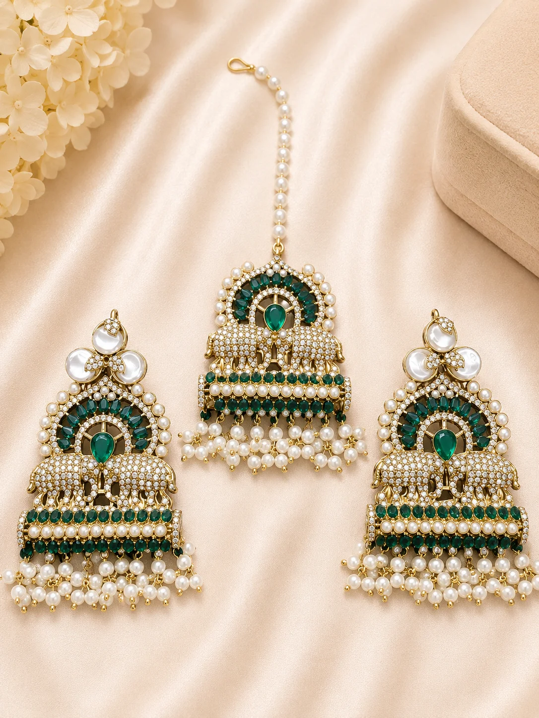 Emerald Elephant Turkish 3-Piece Earrings & Tikka Set