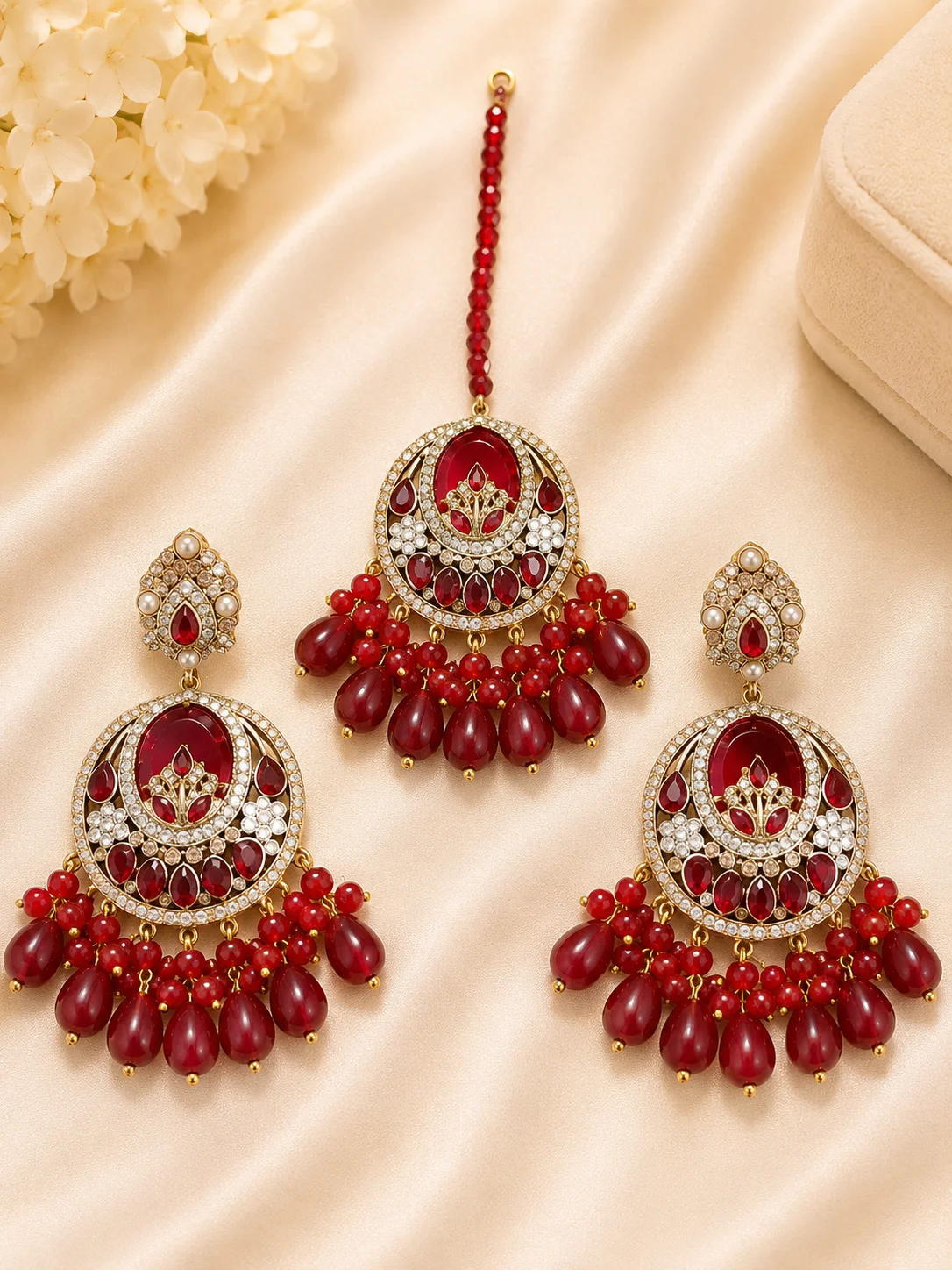 Luxury Turkish 3-Piece Earrings & Tikka Set – Red & Pearl White