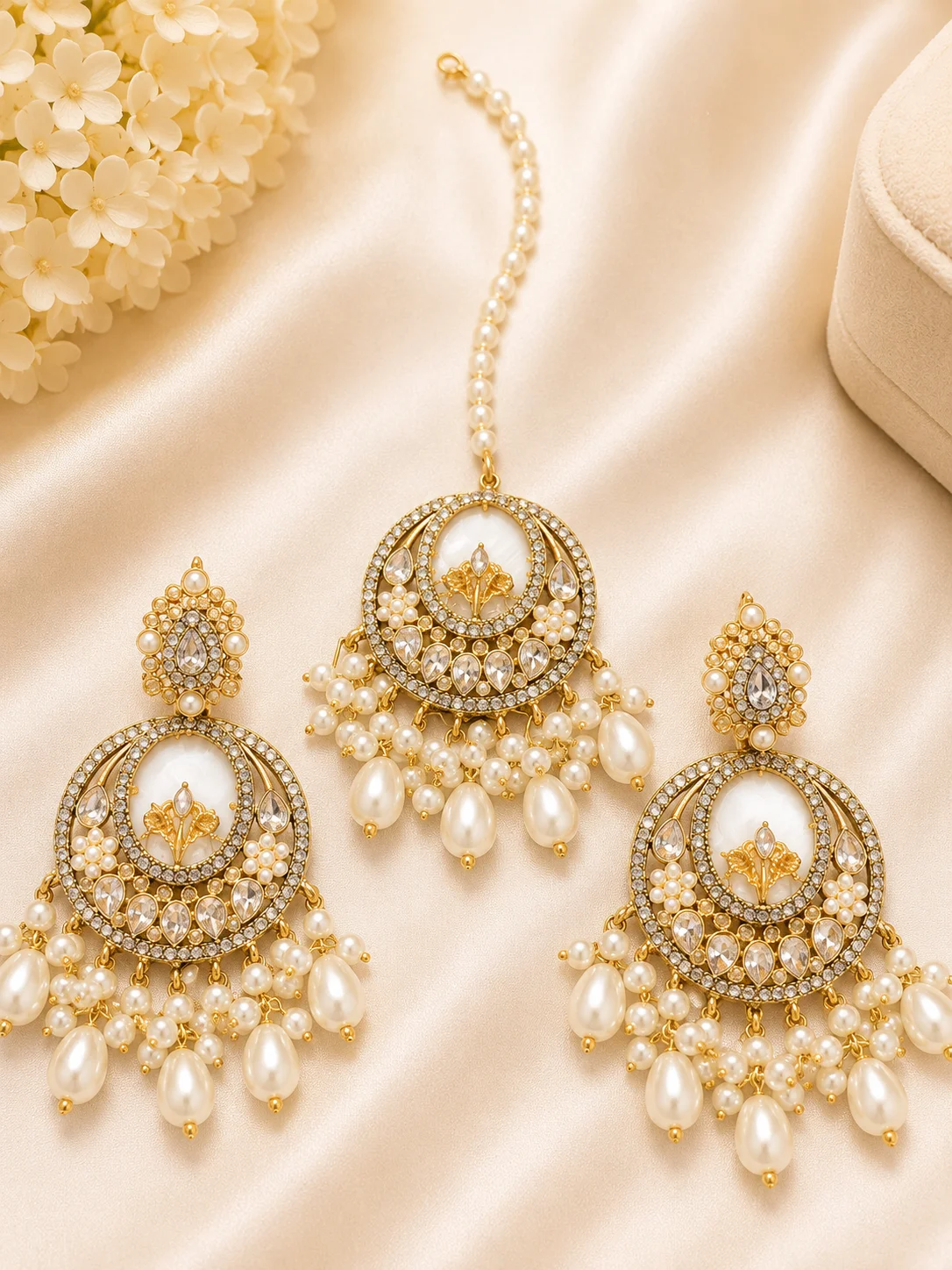 Luxury Turkish 3-Piece Earrings & Tikka Set – Red & Pearl White