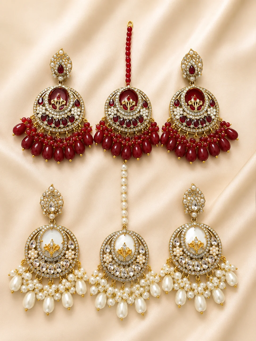 Luxury Turkish 3-Piece Earrings & Tikka Set – Red & Pearl White