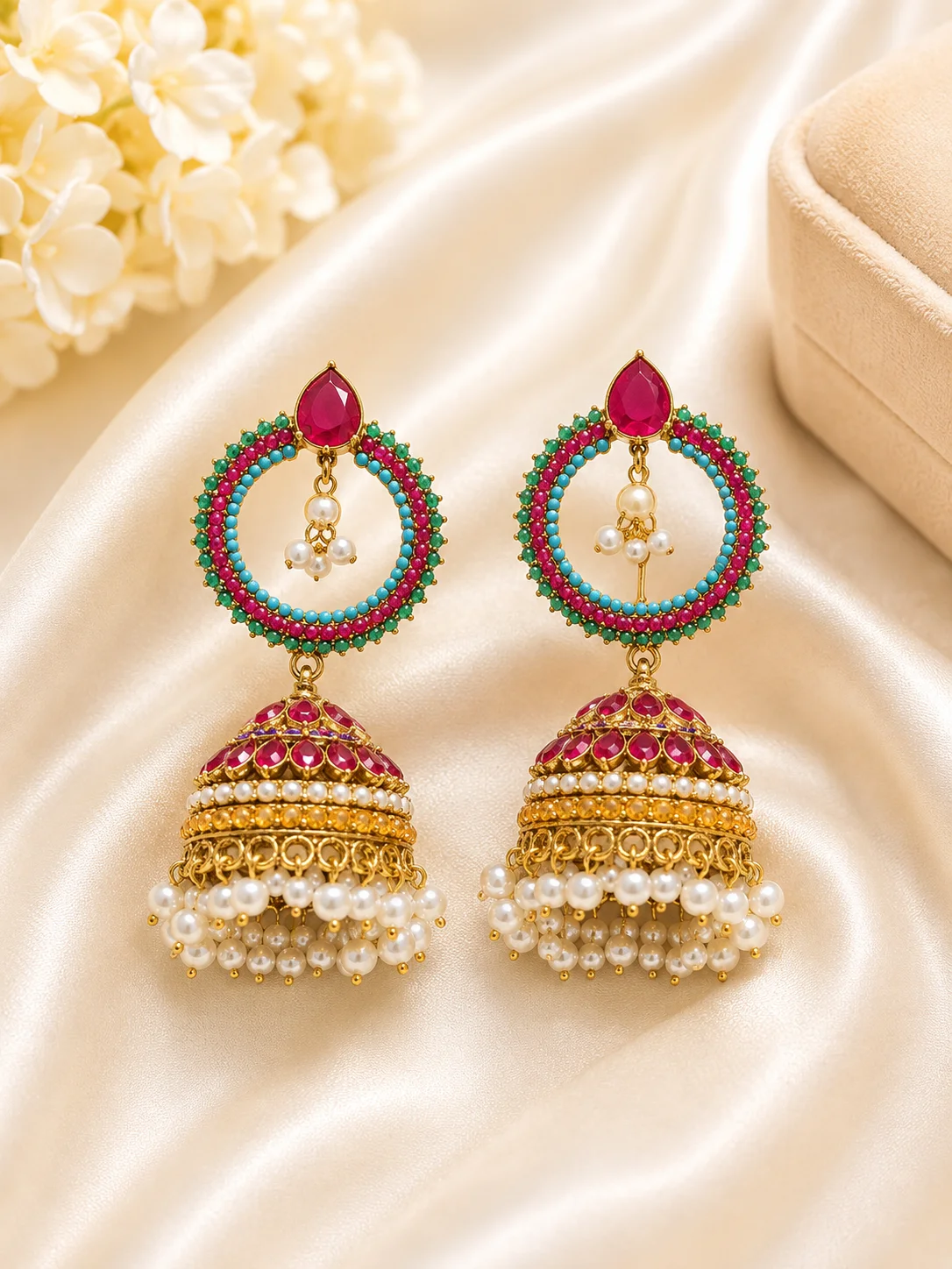 Multicolor Pearl Hoop Turkish Jhumka Earrings – Traditional Gold Tone