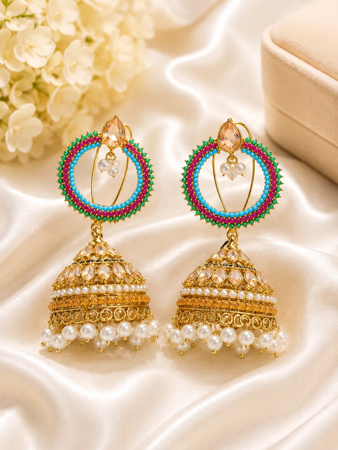 Multicolor Pearl Hoop Turkish Jhumka Earrings – Traditional Gold Tone