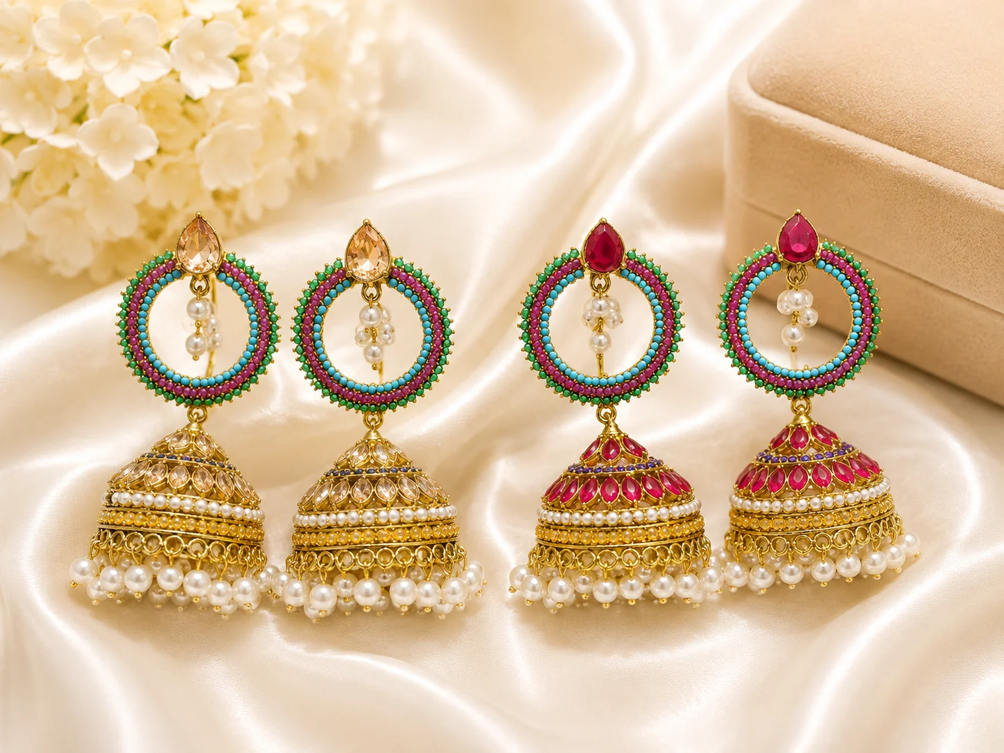 Multicolor Pearl Hoop Turkish Jhumka Earrings – Traditional Gold Tone