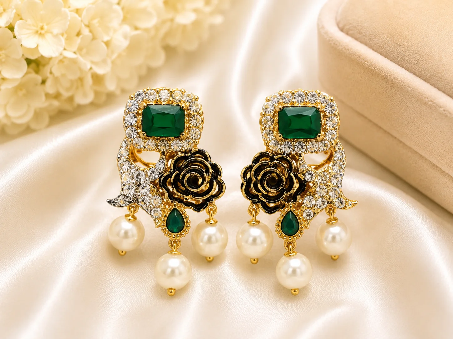 Emerald Green Black Rose Pearl Drop Earrings – Gold Tone