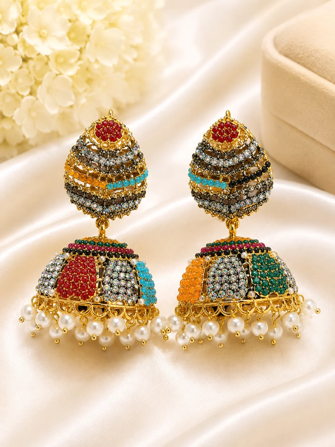 Multicolor Crystal Pearl Turkish Jhumka Earrings – Gold Tone