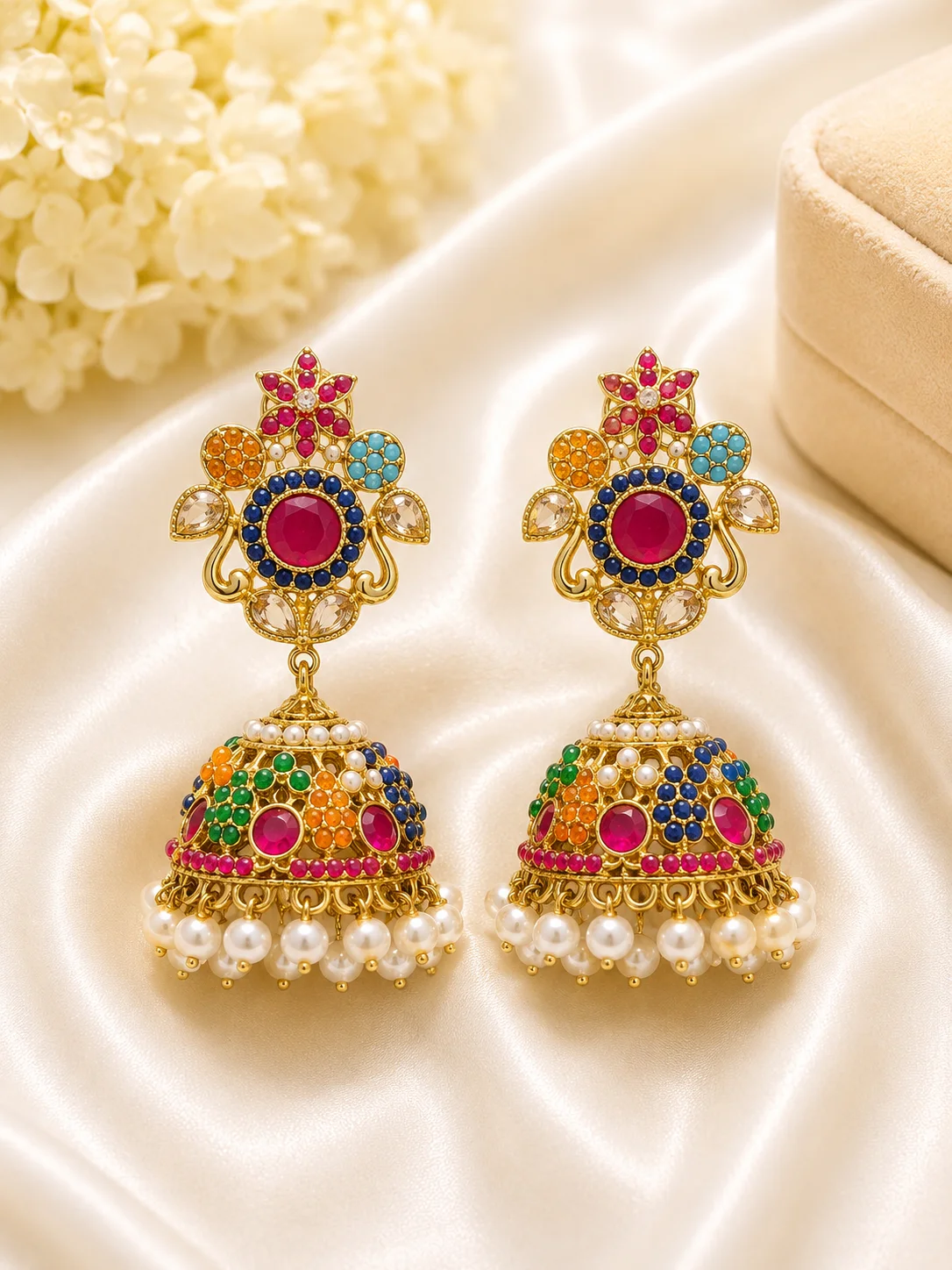 Multicolor Floral Pearl Turkish Jhumka Earrings