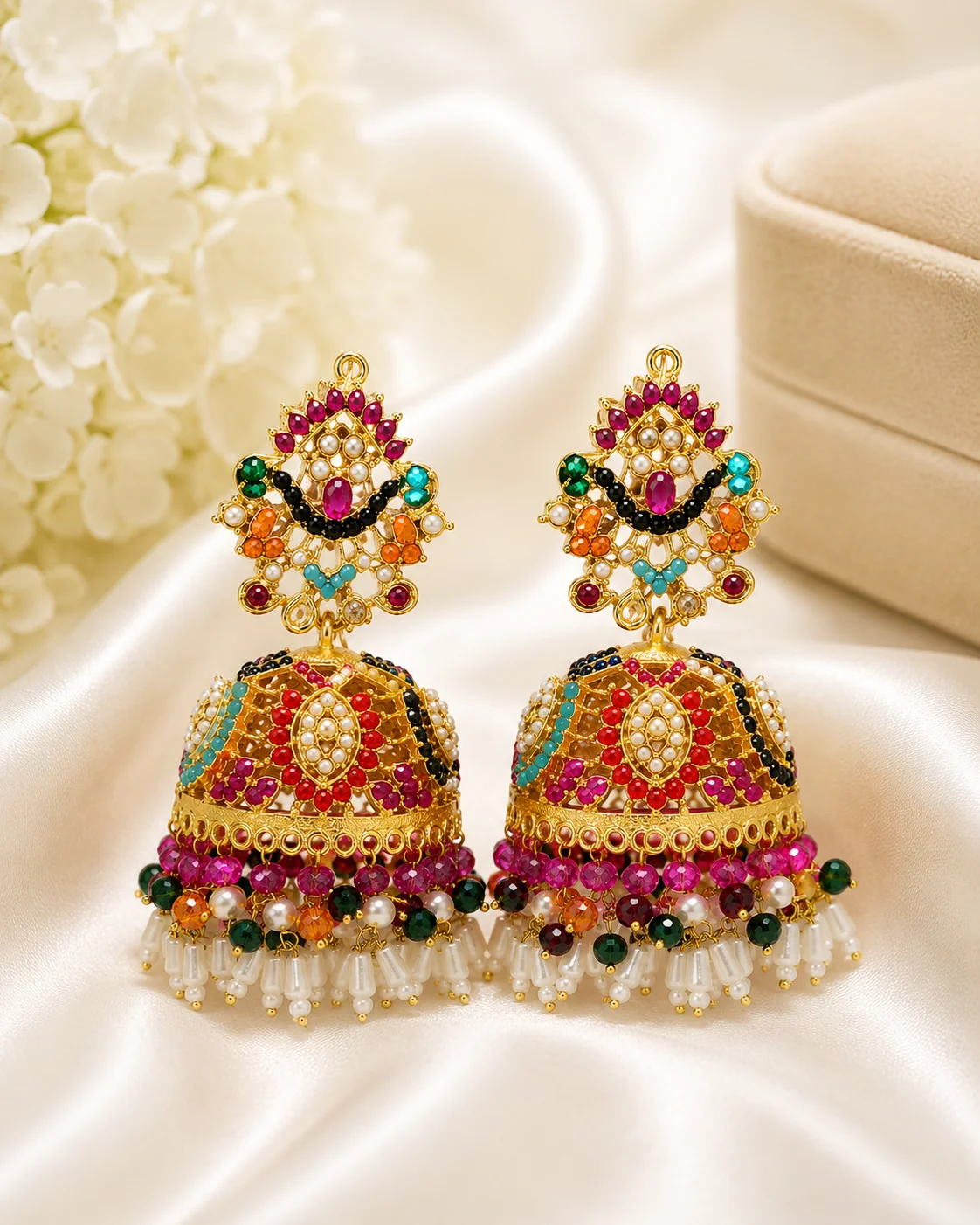 Luxury Multicolor Bridal Jhumka Earrings with Pearl Drops