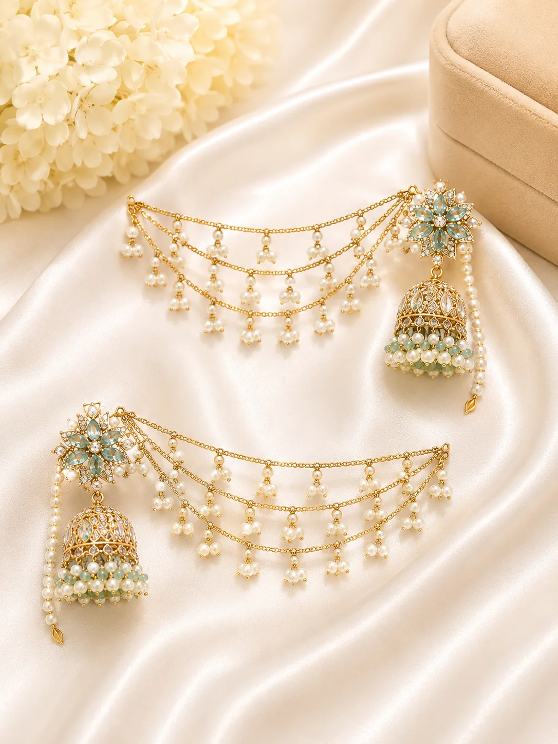Luxury Floral Turkish Jhumka Ear 3 Lyers Chain Earrings – Pink & Mint Green