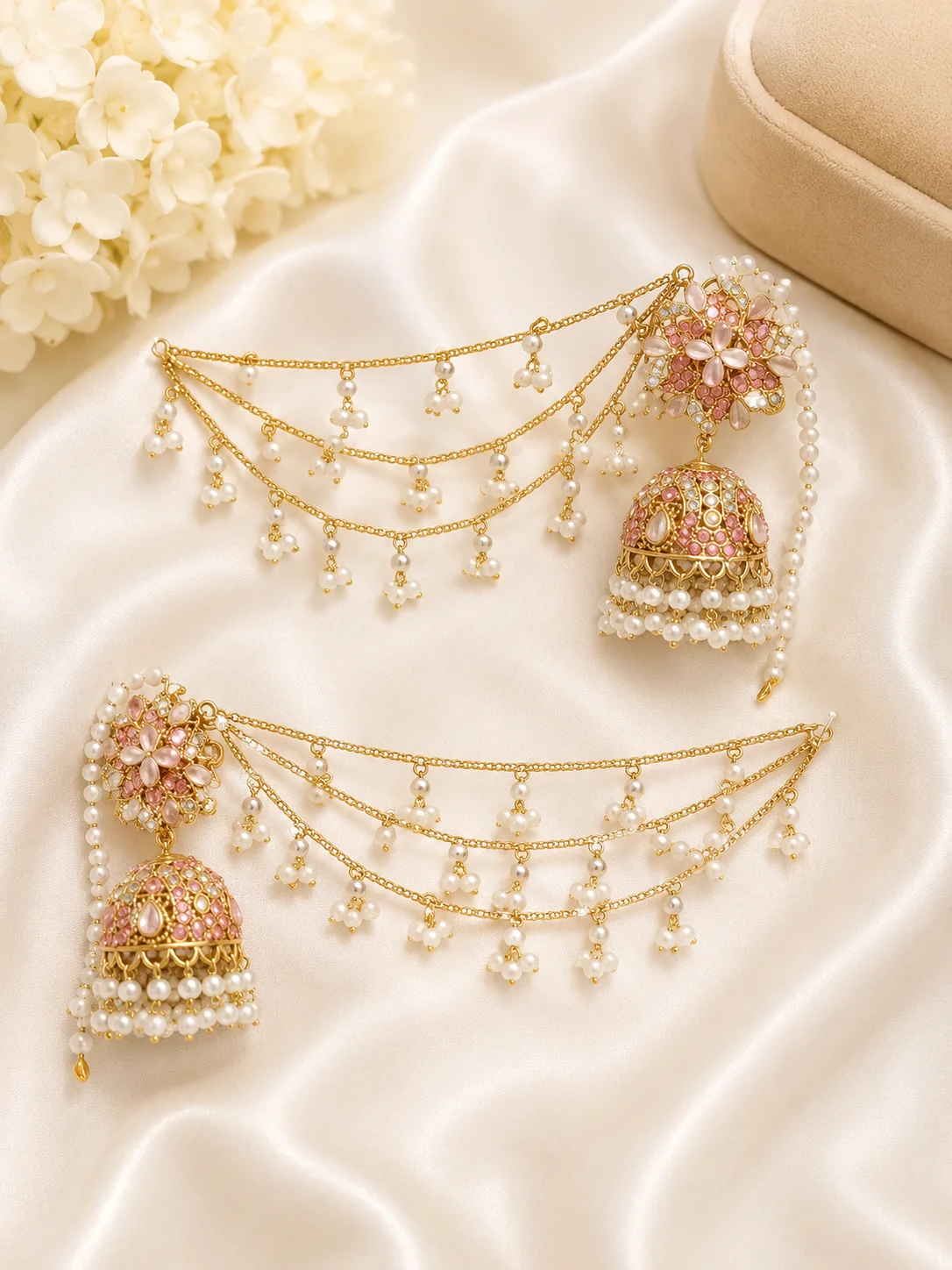 Luxury Floral Turkish Jhumka Ear 3 Lyers Chain Earrings – Pink & Mint Green