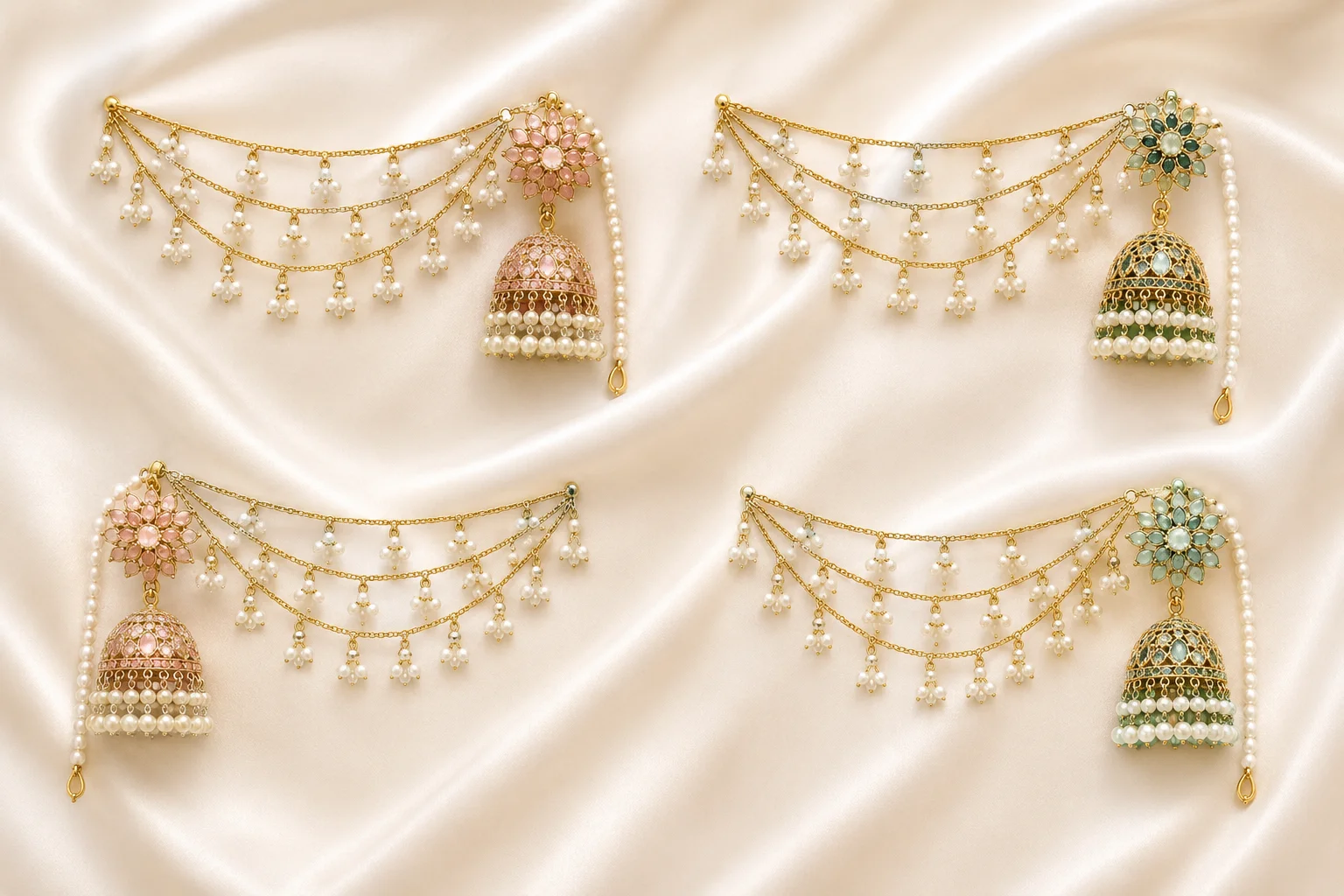 Luxury Floral Turkish Jhumka Ear 3 Lyers Chain Earrings – Pink & Mint Green