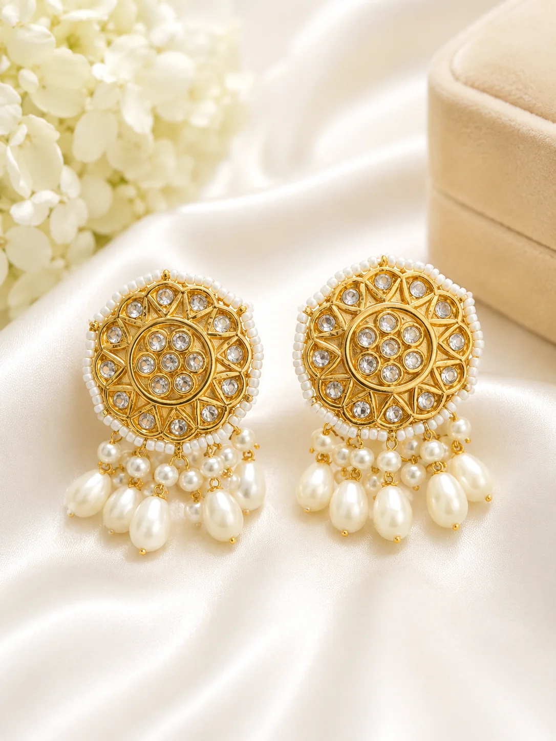 Royal Gold Kundan Pearl Drop Statement Earrings