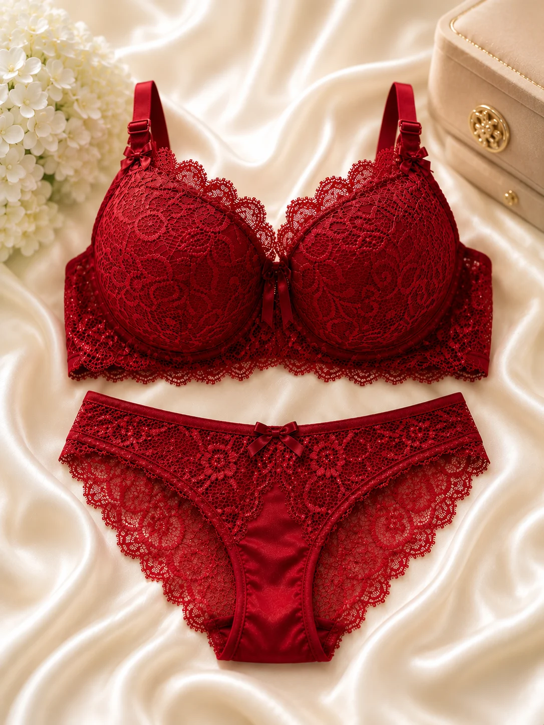 Red Lace Push-Up Bra Set for Women | Soft & Comfortable | Sizes 34 & 36