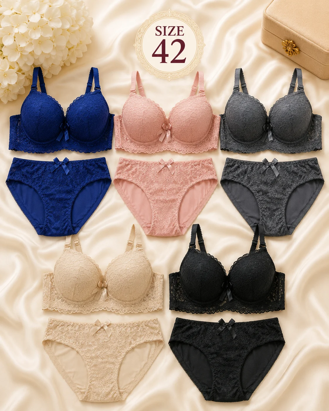 Lace Bra & Panty Set for Women | Soft Padded Lingerie | 5 Elegant Colors | Sizes 36, 38, 40 & 42