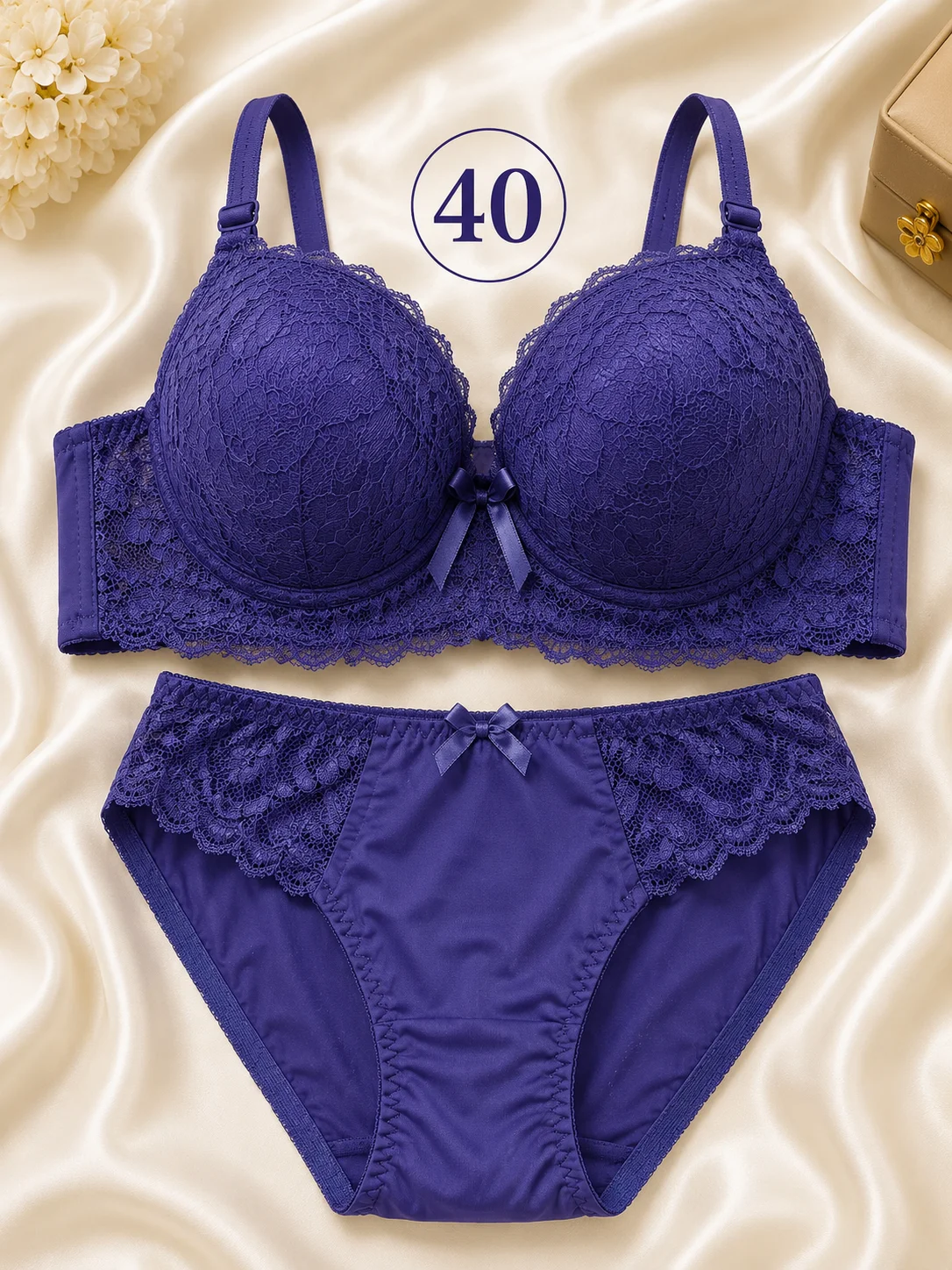 2 Color Lace Bra & Panty Set | Soft Padded Everyday Lingerie | Size 40