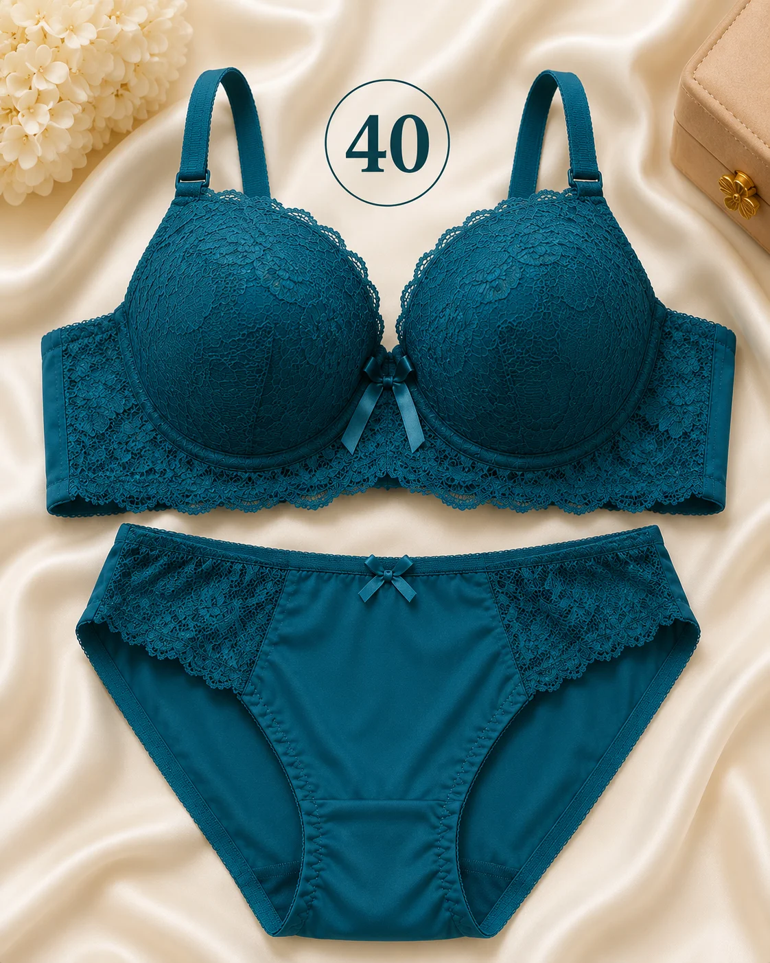 2 Color Lace Bra & Panty Set | Soft Padded Everyday Lingerie | Size 40