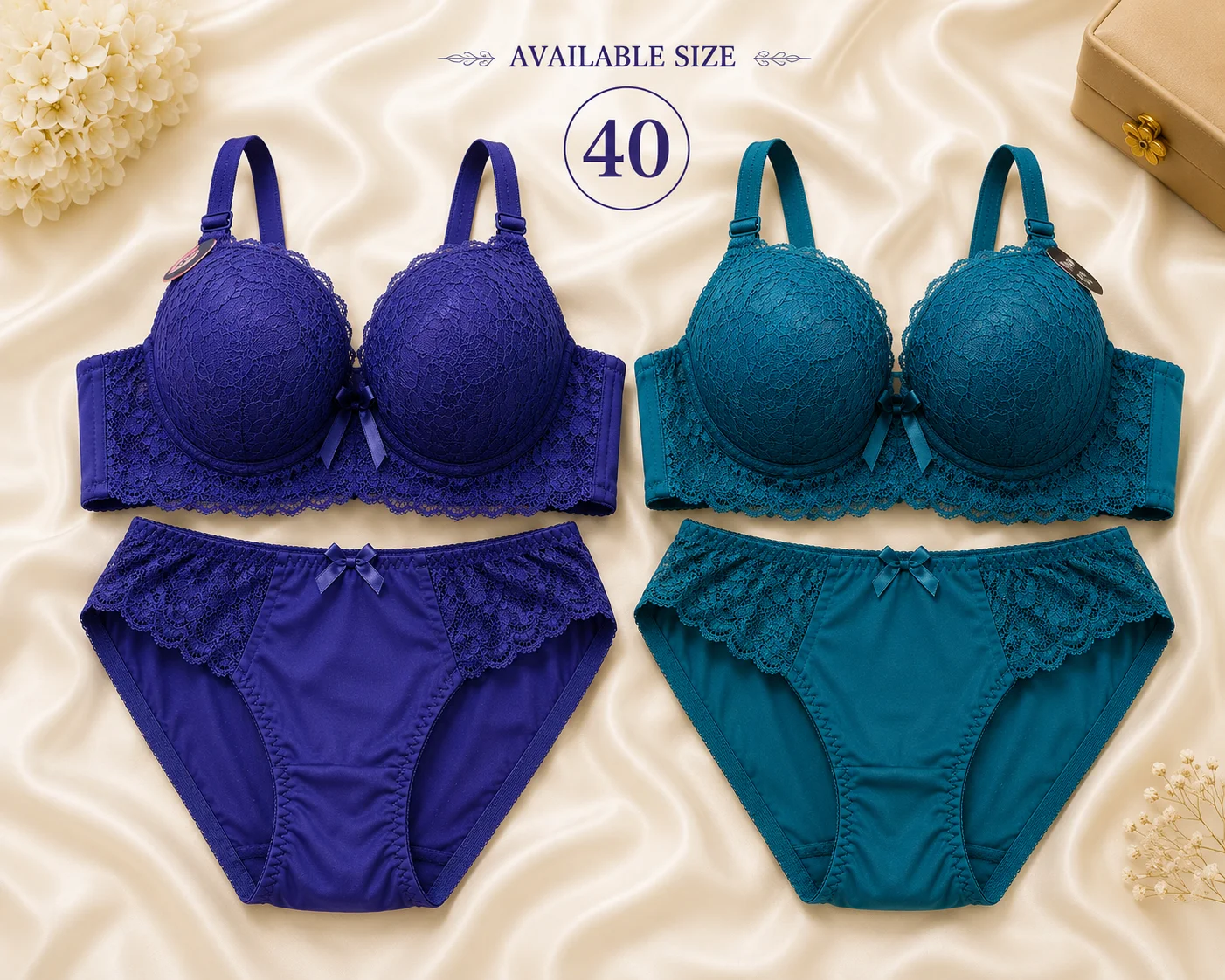 2 Color Lace Bra & Panty Set | Soft Padded Everyday Lingerie | Size 40