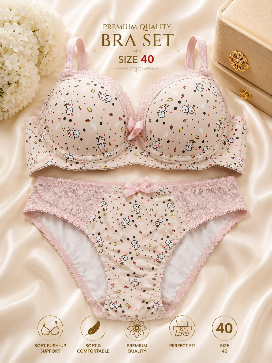Cartoon Print Push-Up Bra & Panty Set for Women