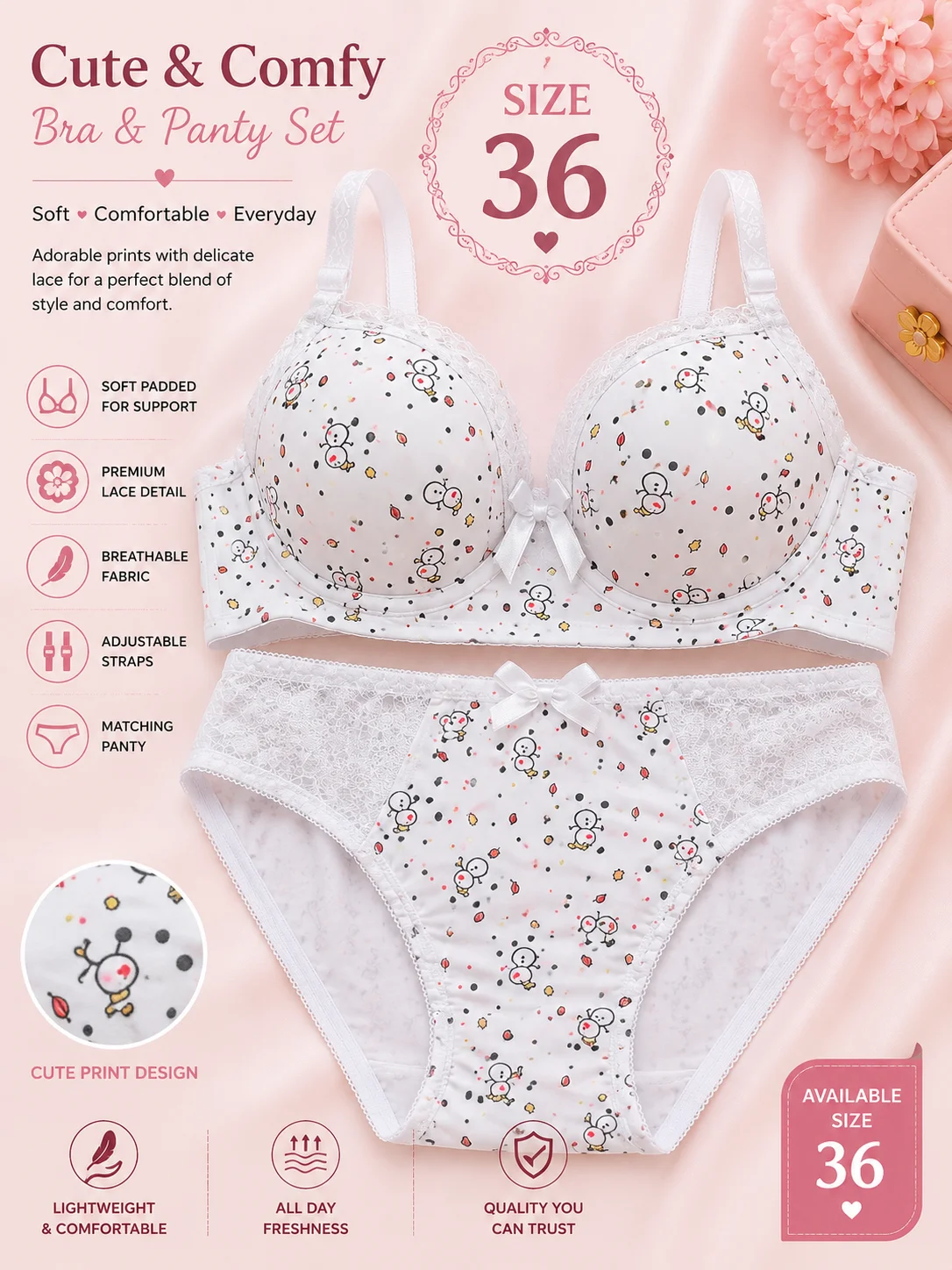 Cartoon Print Push-Up Bra & Panty Set for Women