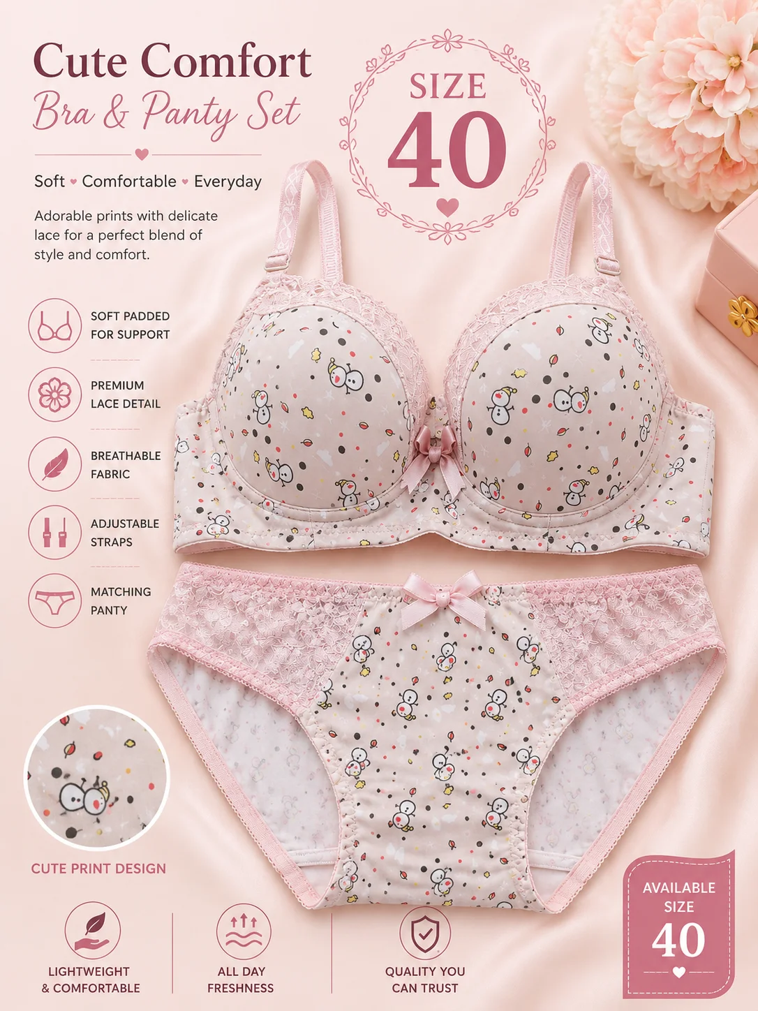 Cartoon Print Push-Up Bra & Panty Set for Women