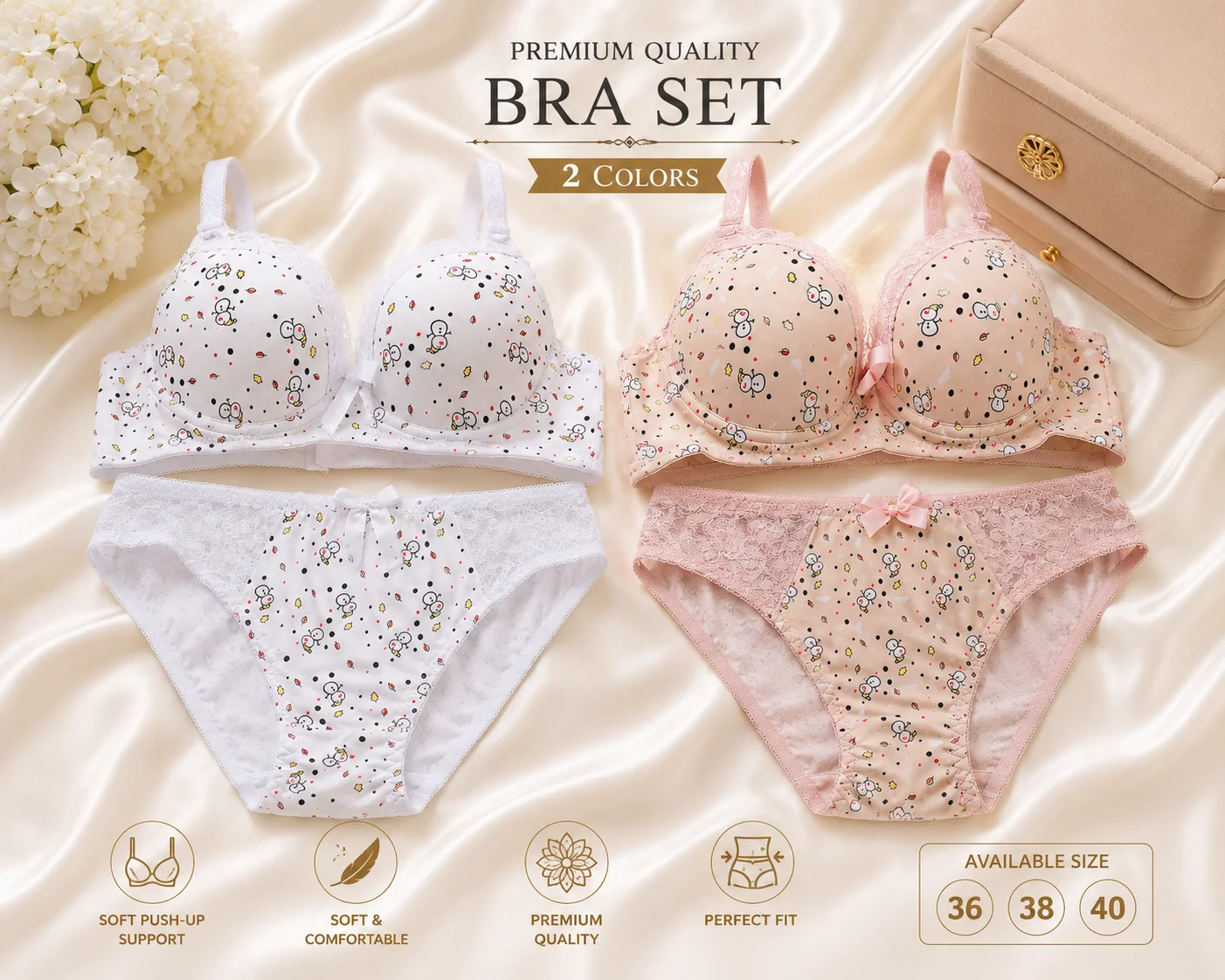 Cartoon Print Push-Up Bra & Panty Set for Women