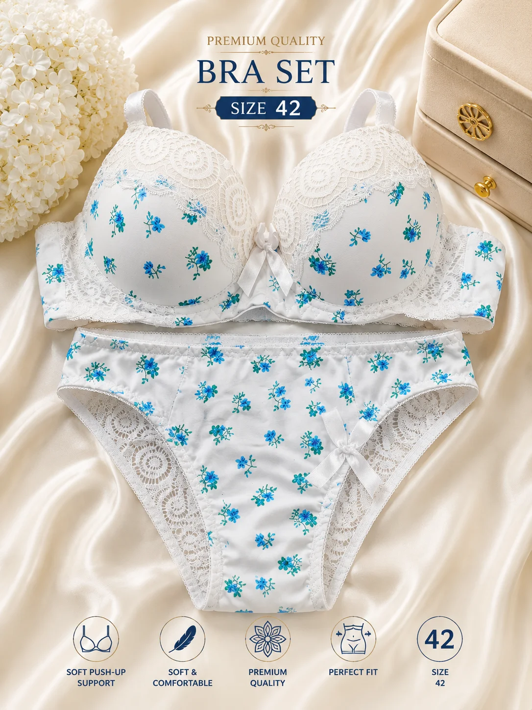 Floral Print Push-Up Bra & Panty Set for Women | Soft Lace Lingerie | Available Size 42