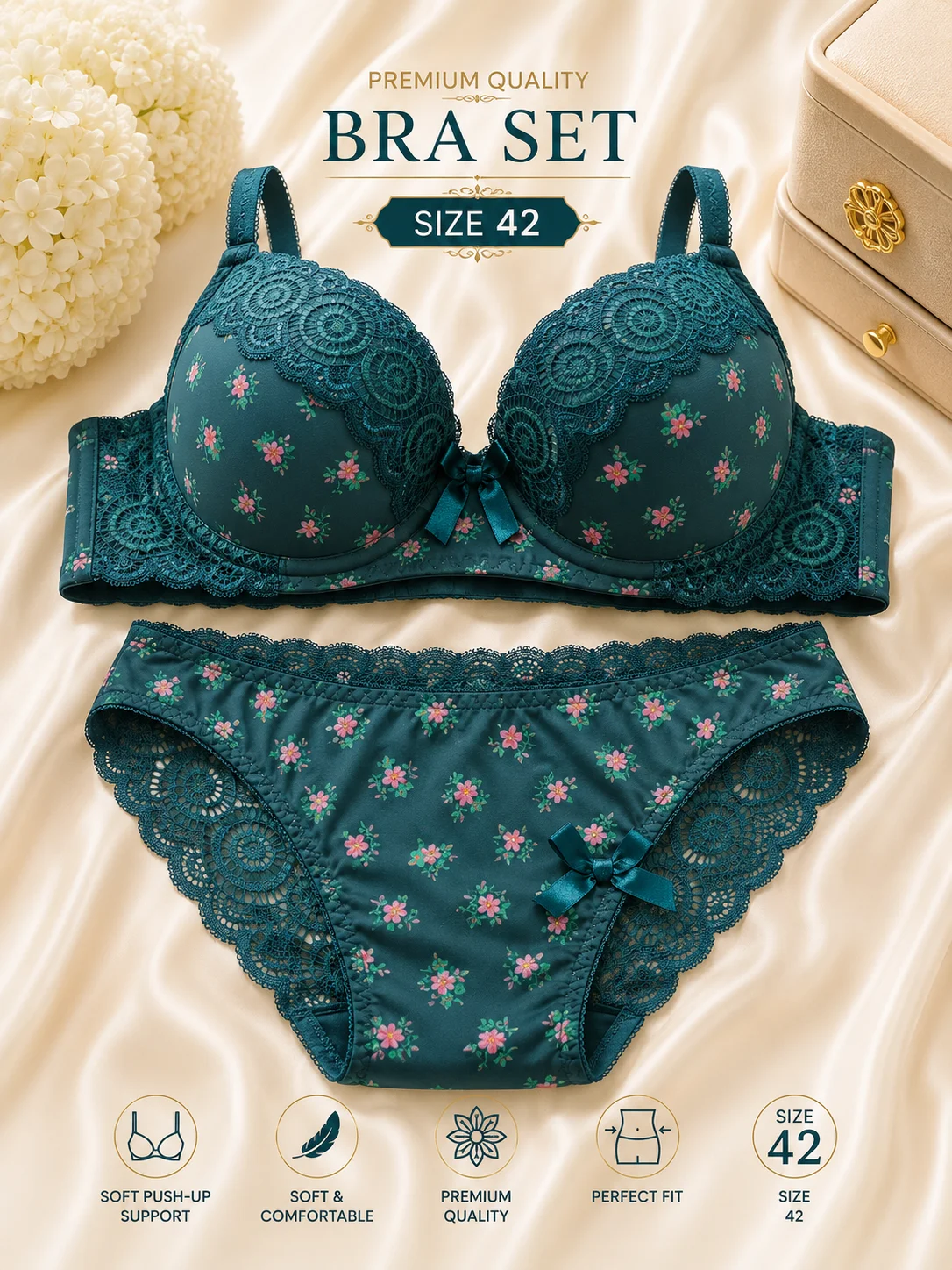 Floral Print Push-Up Bra & Panty Set for Women | Soft Lace Lingerie | Available Size 42