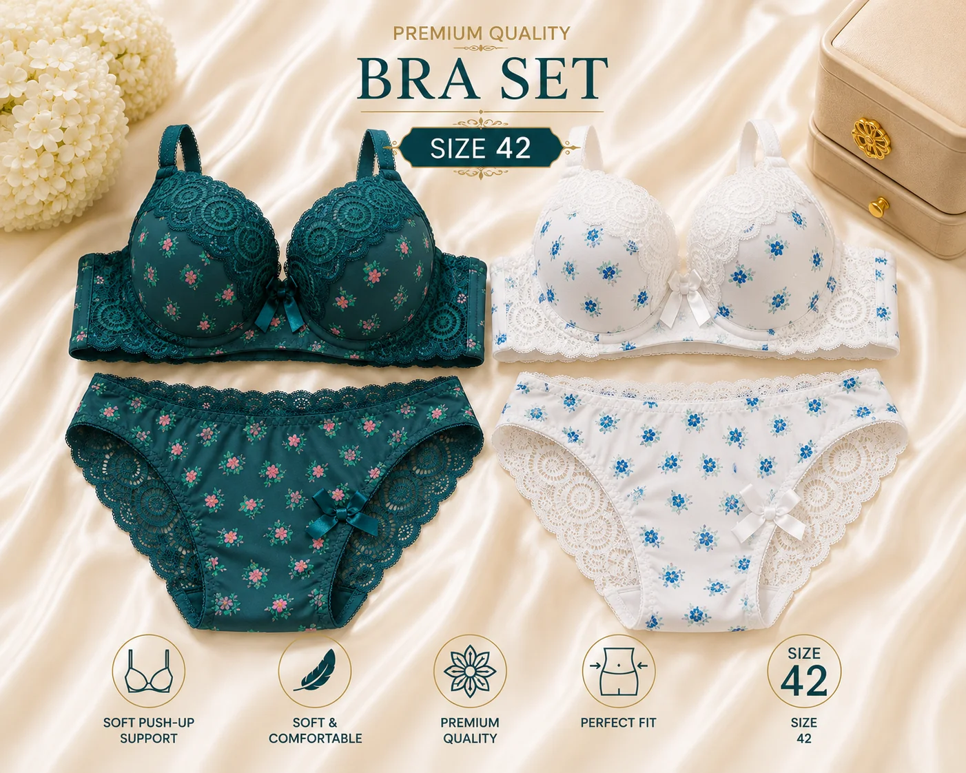 Floral Print Push-Up Bra & Panty Set for Women | Soft Lace Lingerie | Available Size 42