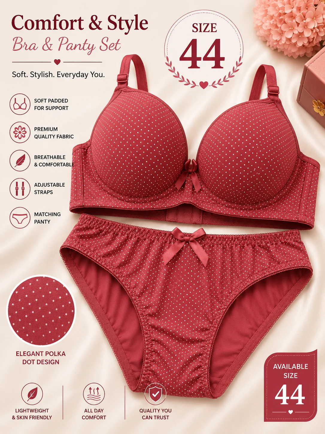 Women's Premium Polka Dot Bra & Panty Set – Soft Padded Lingerie | 6 Color Collection