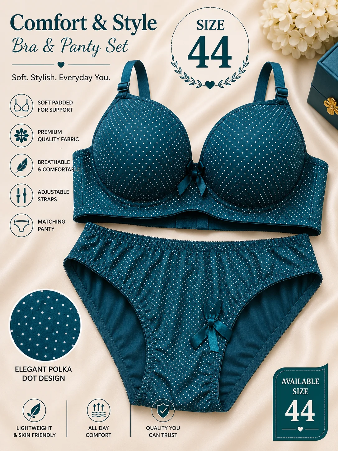Women's Premium Polka Dot Bra & Panty Set – Soft Padded Lingerie | 6 Color Collection