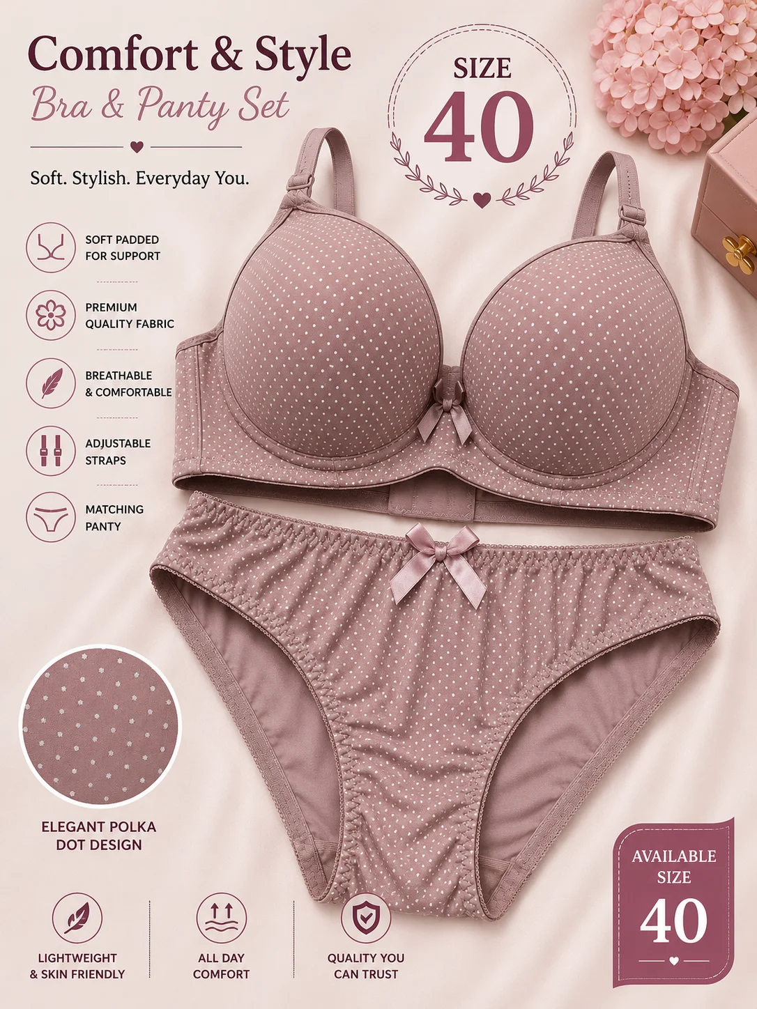 Women's Premium Polka Dot Bra & Panty Set – Soft Padded Lingerie | 6 Color Collection